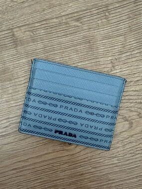 Prada Light Blue Card Holder with Logo Stripe